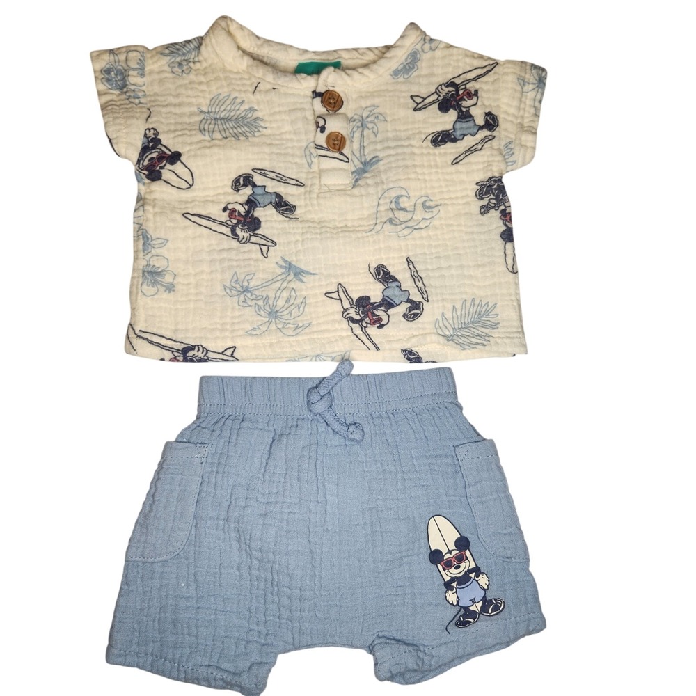 DISNEY Surfing Mickey Mouse Shorts Set Blue Cream Soft Cotton New Born Baby